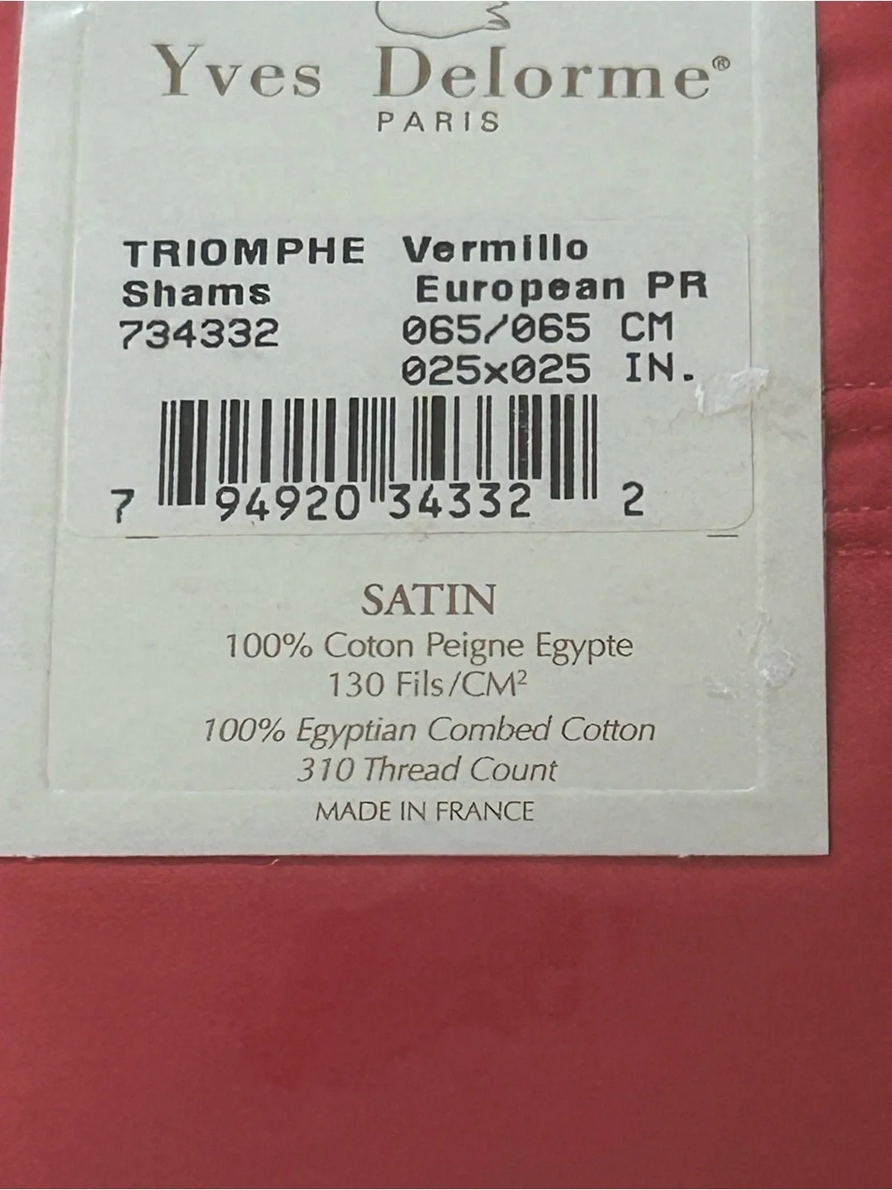 Yves Delorme Triomphe Vermillo Set of 2 Euro Shams. 25” x 25”. New Retired